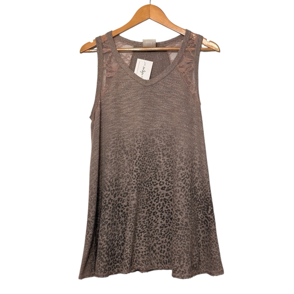 VOCAL Knit Tunic Top Lace Animal Print Neutral Boho Hippie Made USA Large
